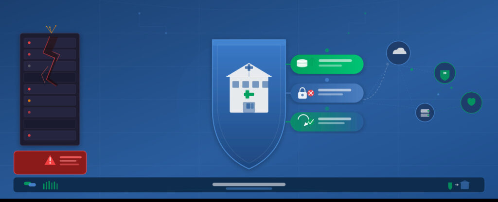 Healthcare MSPs as resilience partners: Shield icon holding hospital building, with data backup, ransomware protection, and DR test elements. Shows impact of Healthcare Cybersecurity & Resiliency Act (HCR Act)