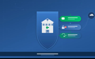 Healthcare MSPs as resilience partners: Shield icon holding hospital building, with data backup, ransomware protection, and DR test elements. Shows impact of Healthcare Cybersecurity & Resiliency Act (HCR Act)